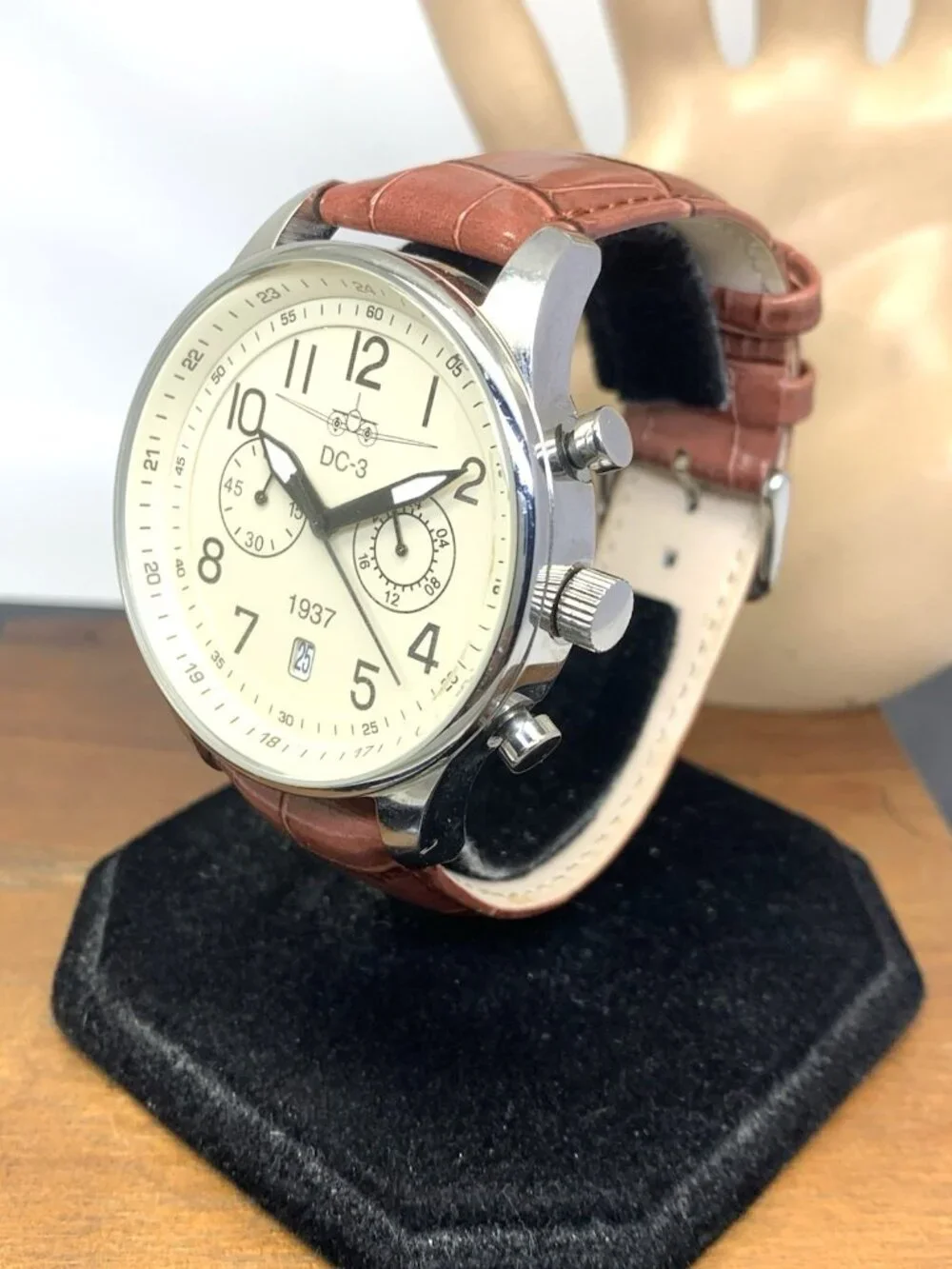 DC-3 Men's Watch 1499 Aviator Quartz Chronograph Brown Leather Strap 45mm